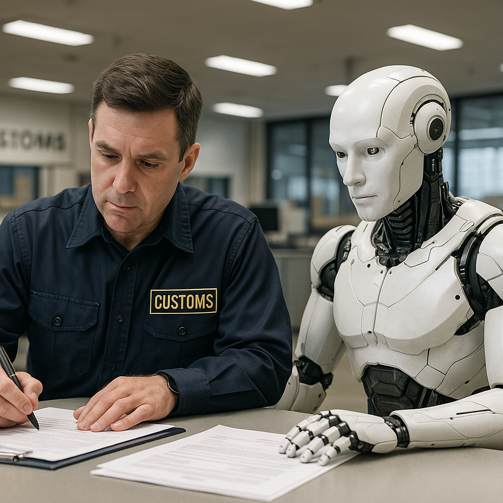 همکاری کارشناس گمرک و ربات در محیط انبار برای ترخیص هوشمند کالا